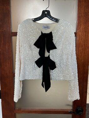 B.Right Ivory Sequin Bow-Front Cardigan